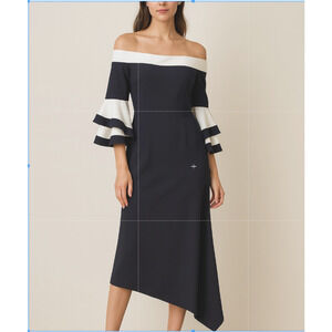 Hilary Radley Off-the-Shoulder Bell Sleeve Dress Large Black White Party Modern